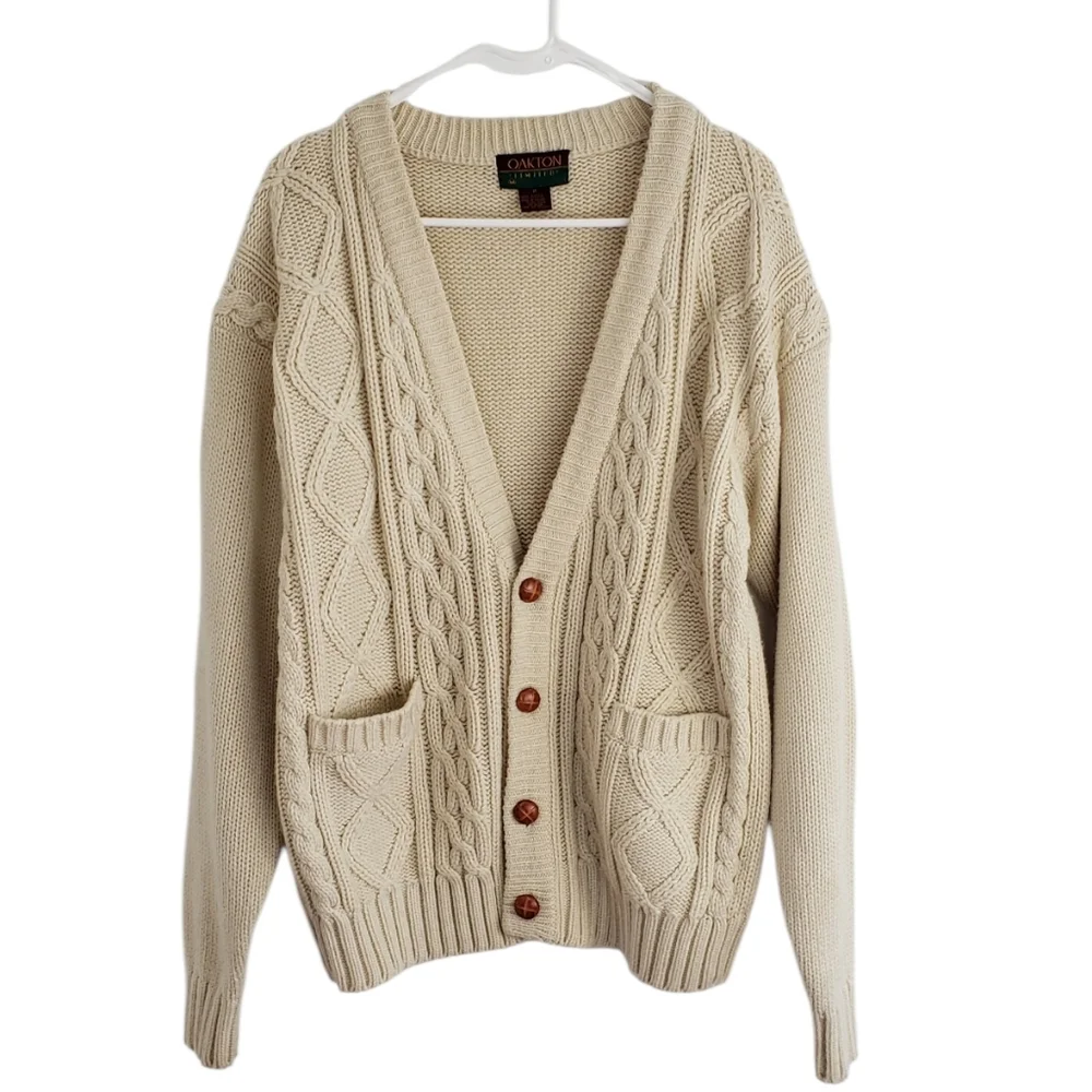 Oakton Limited 90s Chunky Cable Knit Cable Cardigan Sweater Beige Sz M Grandpa